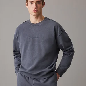 FELPA UOMO CALVIN KLEIN A GIROCOLLO NEL COLORE BLU CON LOGO RICAMATO TONO SU TONO