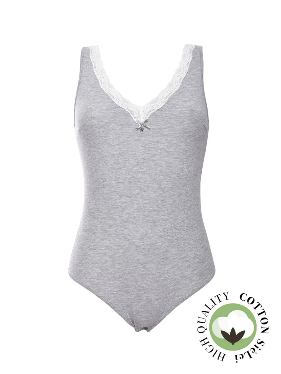 Body scollo a V con pizzo - GRIGIO MELANGE - 1448