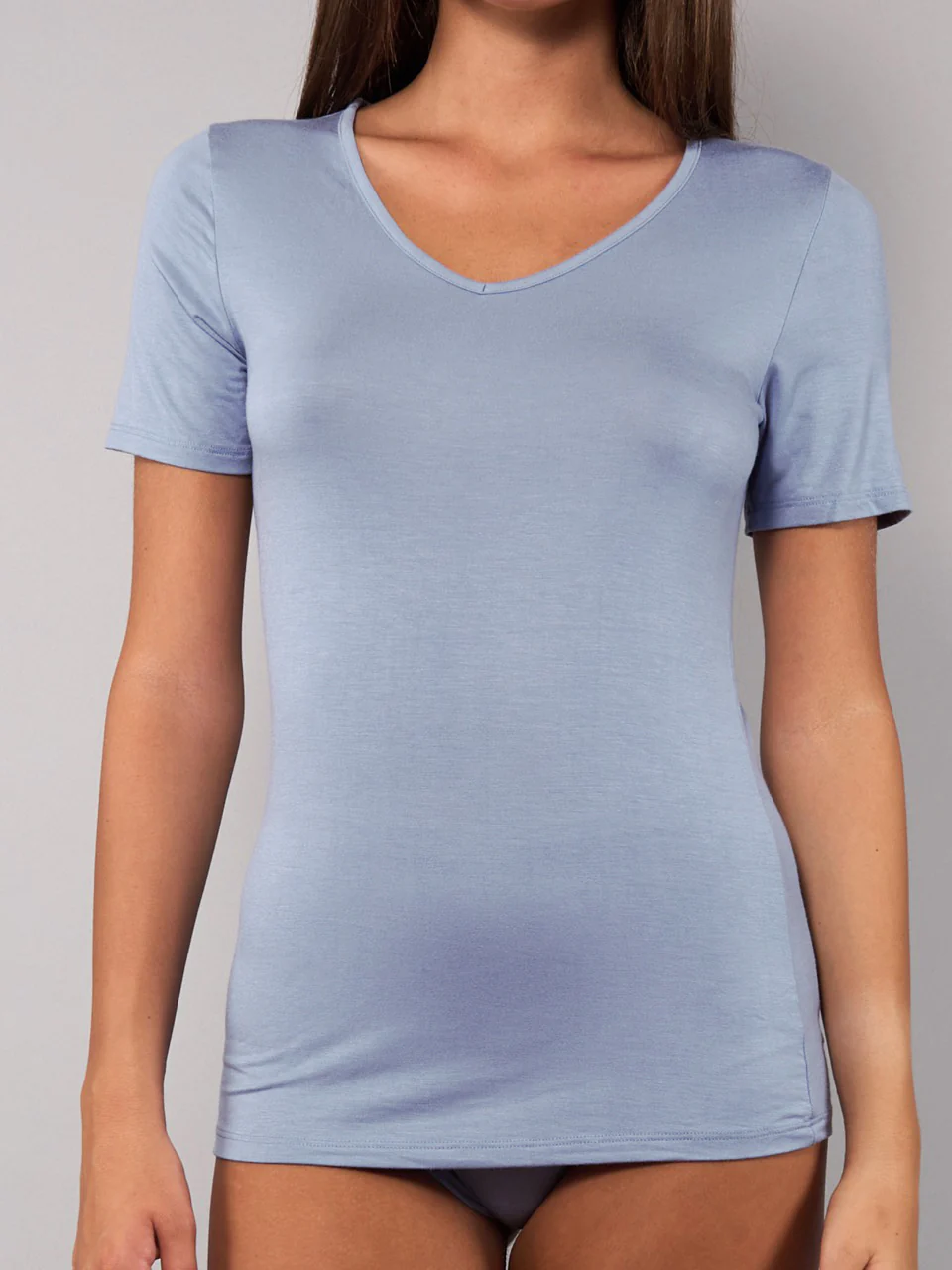 Maglia Manica Corta Scollo a V in Modal - DENIM - 6008