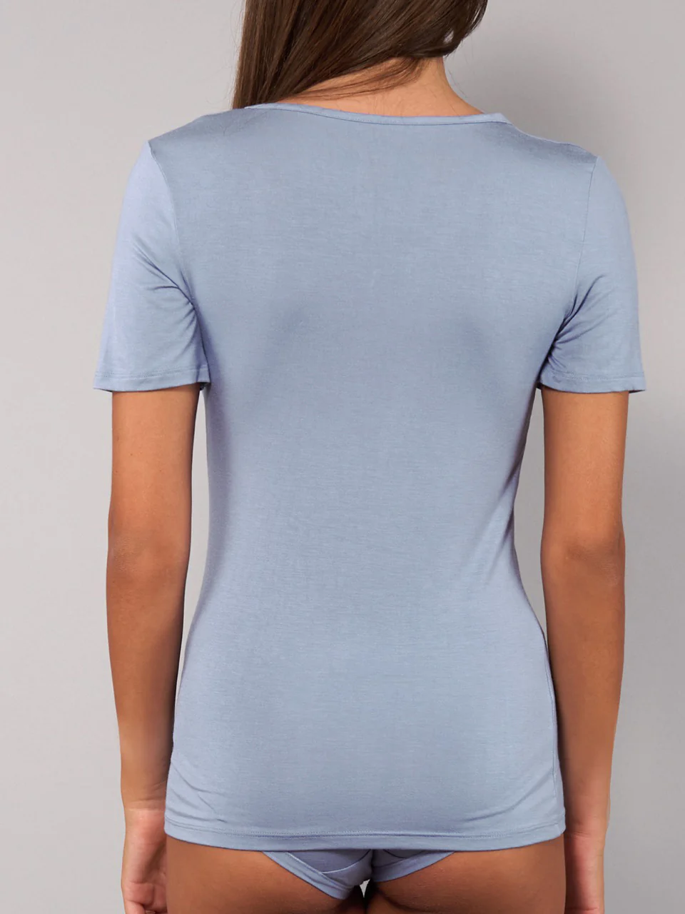 Maglia Manica Corta Scollo a V in Modal - DENIM - 6008 - immagine 4