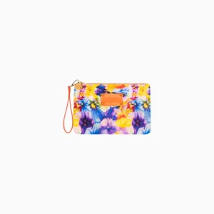 POCHETTE MARE 4GIVENESS IN CANVAS 30X19 COLORATA CON FIORI SFOCATI VIOLA, AZZURRO E GIALLO