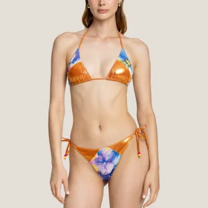 COSTUME DONNA 4GIVENESS A TRIANGOLO FANTASIA FIORI SFOCATI CON DETTAGLI LAMINATO ARANCIO E DETTAGLIO DI PERLINE