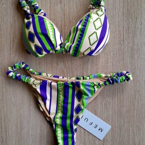 COSTUME DONNA ME FUI TRIANGOLO CON BRETELLINA ARRICCIATA PANNA CON FANTASIA VIOLA E VERDE