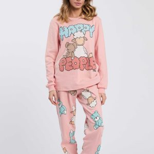 PIGIAMA DONNA HAPPY PEOPLE IN CALDO COTONE ROSA “HAPPY BEAR” CON MAGLIA E PANTALONE STAMPATO