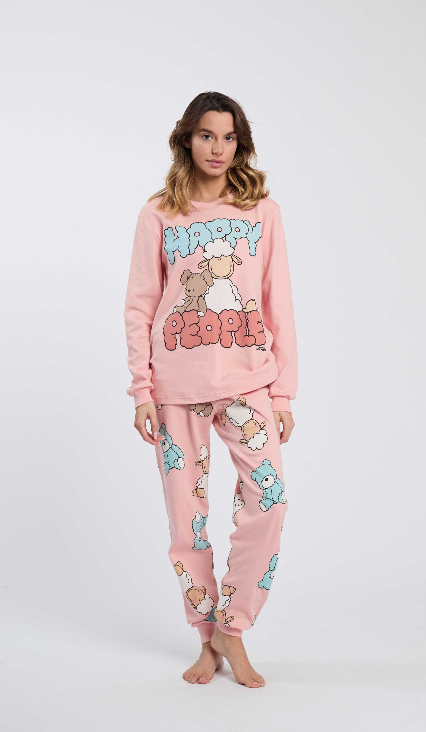 PIGIAMA DONNA HAPPY PEOPLE IN CALDO COTONE ROSA “HAPPY BEAR” CON MAGLIA E PANTALONE STAMPATO - immagine 2