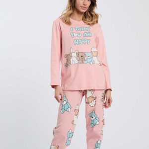 PIGIAMA DONNA HAPPY PEOPLE “HAPPY BEAR” CALDO COTONE GIROCOLLO ROSA CON PANTALONE STAMPATO