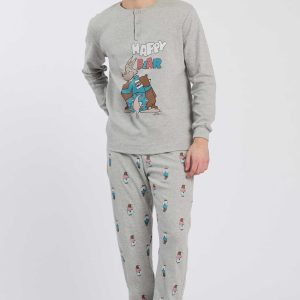 PIGIAMA UOMO HAPPY PEOPLE “HAPPY BEAR” IN CALDO COTONE GRIGIO CON PANTALONE STAMPATO