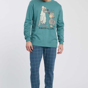 PIGIAMA UOMO HAPPY PEOPLE “IN BOCCA AL LUPO” IN CALDO COTONE CON MAGLIA STAMPATA E PANTALONE A SCACCHI