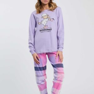 PIGIAMA DONNA HAPPY PEOPLE CALDO COTONE “BUONGIORNO” MAGLIA LILLA CON STAMPA E PANTALONE A SCACCHI
