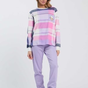 PIGIAMA DONNA HAPPY PEOPLE A GIROCOLLO IN CALDO COTONE “BUONGIORNO” MAGLIA A SCACCHI E PANTALONE LILLA