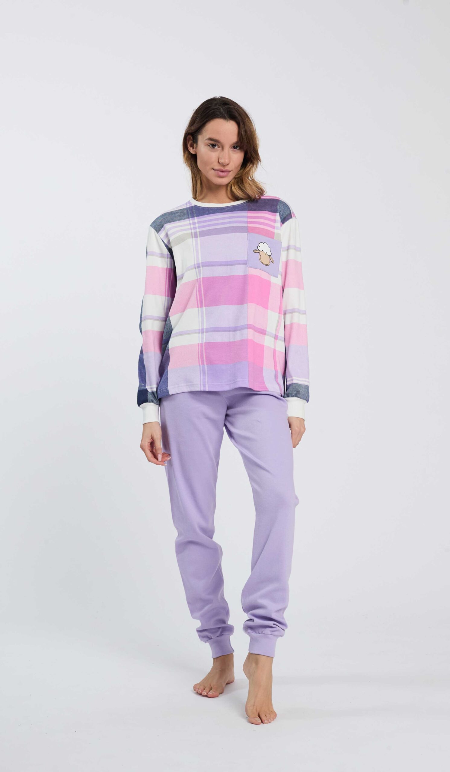 PIGIAMA DONNA HAPPY PEOPLE A GIROCOLLO IN CALDO COTONE “BUONGIORNO” MAGLIA A SCACCHI E PANTALONE LILLA