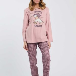 PIGIAMA DONNA HAPPY PEOPLE “SLEEPING IS MY TALENT” IN CALDO COTONE CON MAGLIA STAMPATA E PANTALONE ROSA E VIOLA PIED E POULE