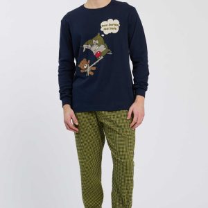 PIGIAMA UOMO HAPPY PEOPLE “NON DORMO SOLO” CON MAGLIA BLU E PANTALONE A SCACCHI PICCOLI GIALLI E BLU