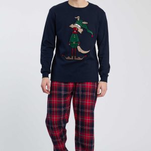 PIGIAMA UOMO HAPPY PEOPLE PRENATALE GIROCOLLO CON MAGLIA STAMPA BLU E PANTALONE A SCACCHI