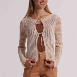 Cardigan crochet rosa Mimì Muà Firenze con fiocchi