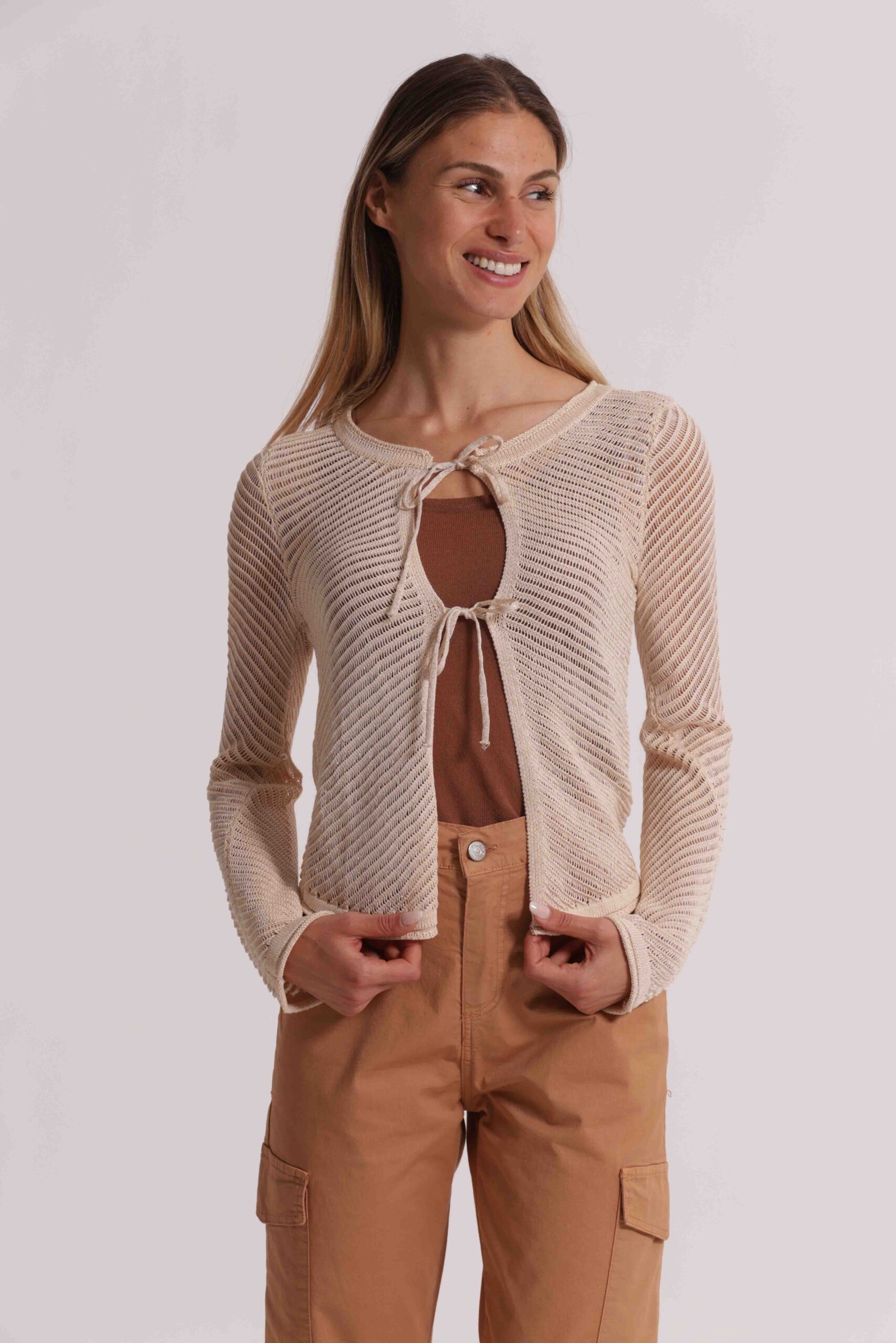 Cardigan crochet rosa Mimì Muà Firenze con fiocchi