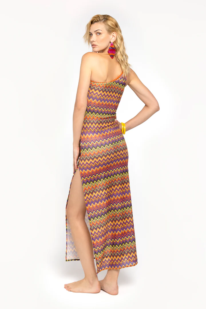 VESTITO DONNA MONOSPALLA 4GIVENESS TRAFORATO ARANCIO, GIALLO E VIOLA - immagine 3