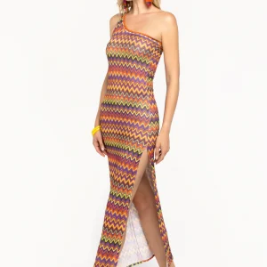 VESTITO DONNA MONOSPALLA 4GIVENESS TRAFORATO ARANCIO, GIALLO E VIOLA