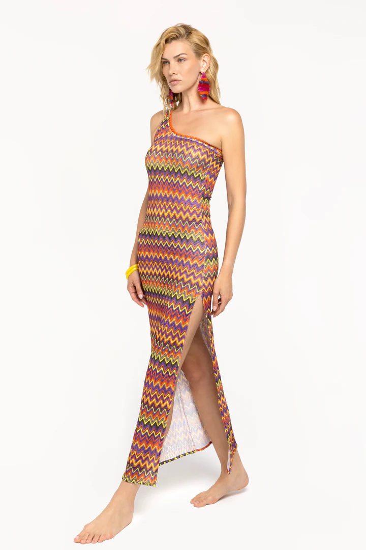 VESTITO DONNA MONOSPALLA 4GIVENESS TRAFORATO ARANCIO, GIALLO E VIOLA