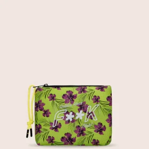 MINI POCHETTE EFFEK IN NEOPRENE VERDE CON FANTASIA DI FIORI VIOLA