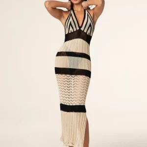 ABITO TRAFORATO DONNA EFFEK A RIGHE NERE E BEIGE