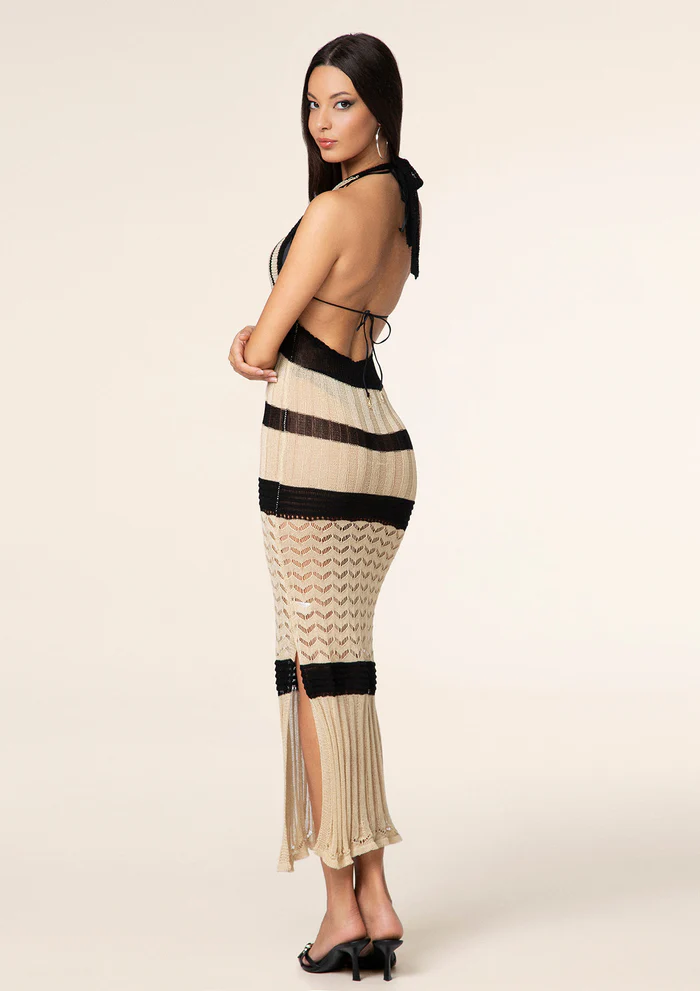 ABITO TRAFORATO DONNA EFFEK A RIGHE NERE E BEIGE - immagine 3