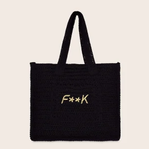 BORSA MARE EFFEK IN RAFIA QUADRATA NERA CON LOGO RICAMATO BEIGE