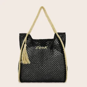 BORSA MARE EFFEK RETTANGOLARE NERA CON LOGO RICAMATO BEIGE