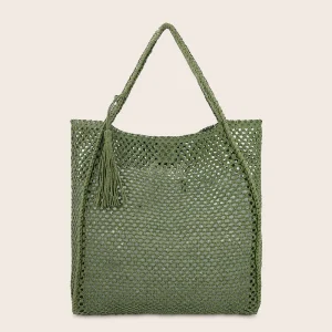 BORSA MARE EFFEK RETTANGOLARE IN RAFIA VERDE CON LOGO RICAMATO VERDE