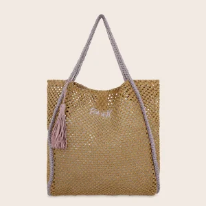 BORSA MARE EFFEK RETTANGOLARE IN RAFIA NEL COLORE BEIGE CON LOGO RICAMATO LILLA
