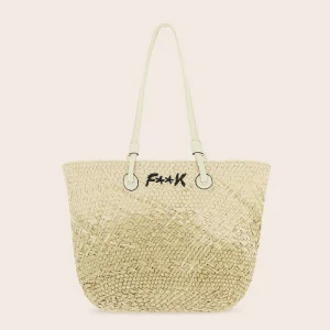 BORSA MARE EFFEK IN RAFIA CON MANICO PIù LUNGO BEIGE CHIARO CON LOGO RICAMATO NERO