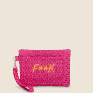 POCHETTE MARE EFFEK IN RAFIA FUCSIA CON LOGO RICAMATO ARANCIO