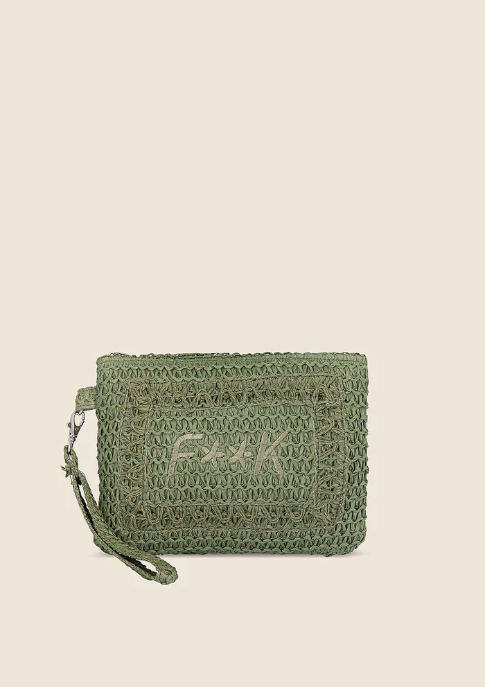 POCHETTE MARE EFFEK IN RAFIA VERDE SALVIA CON LOGO RICAMATO VERDE