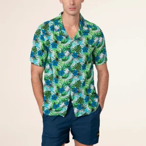 CAMICIA UOMO EFFEK A MANICHE CORTE IN VISCOSA BIANCA CON STAMPE COLORATE DI FIORI E FOGLIE