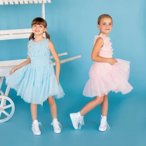 ABITO CON ROUCHES DI TULLE AZZURRO
