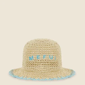 CAPPELLO DONNA ME FUI IN RAFIA COLOR NATURALE E RICAMO AZZURRO