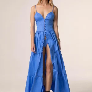 ABITO LUNGO ME FUI IN 100% COTONE CON SPACCO E BOTTONCINI SUL DAVANTI NEL COLORE AZZURRO