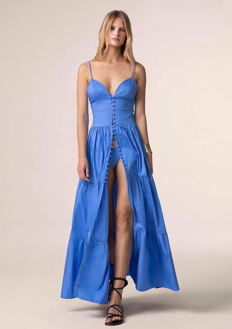 ABITO LUNGO ME FUI IN 100% COTONE CON SPACCO E BOTTONCINI SUL DAVANTI NEL COLORE AZZURRO