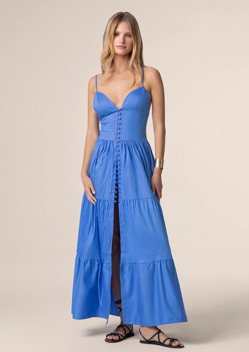 ABITO LUNGO ME FUI IN 100% COTONE CON SPACCO E BOTTONCINI SUL DAVANTI NEL COLORE AZZURRO - immagine 3