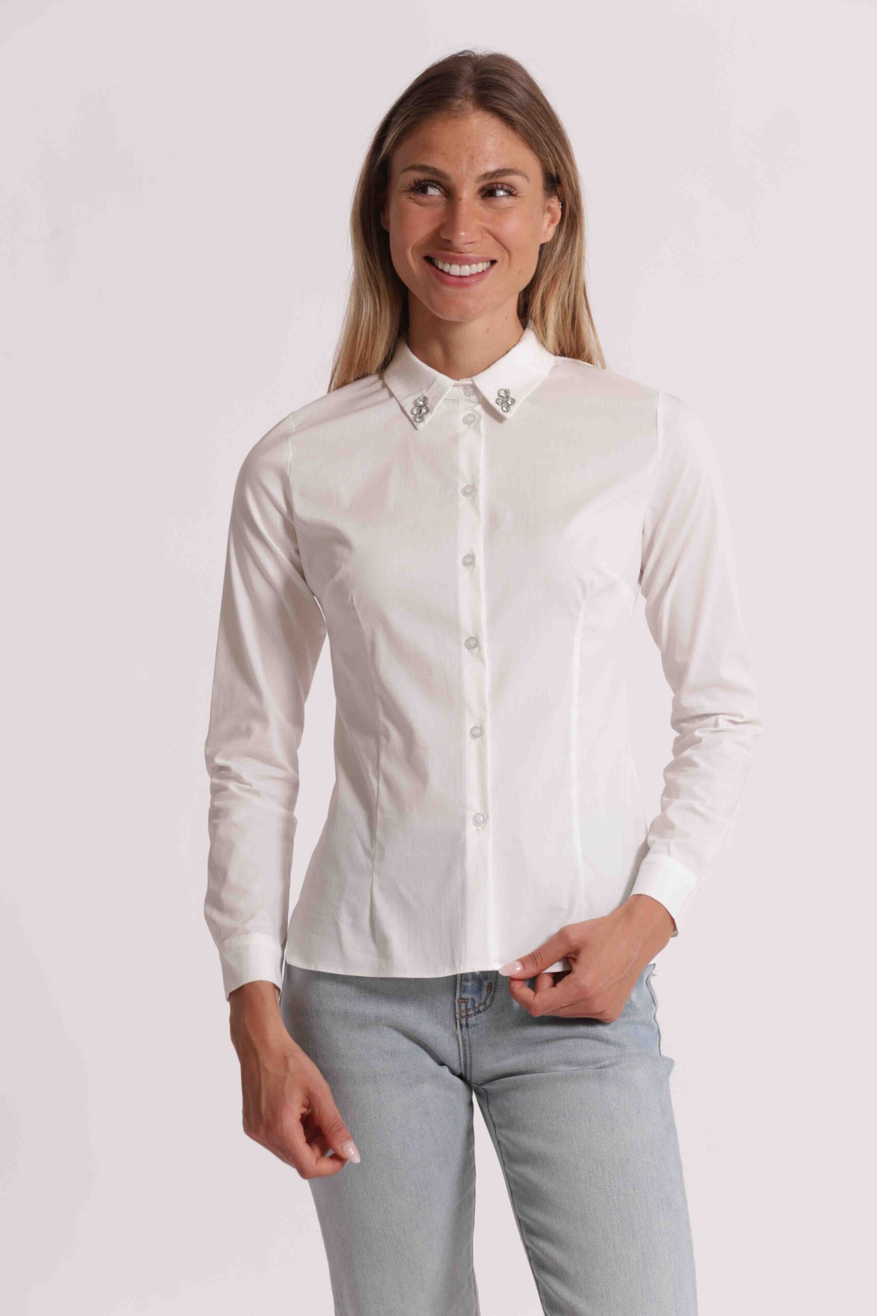 Camicia Bianca Mimì Muà Firenze con Colletto Gioiello e Strass – Made in Italy