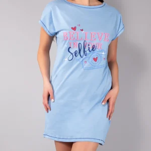 Maxi Maglia in Cotone 100% Maniche Kimono con Stampa Romantica - INDACO - BE41