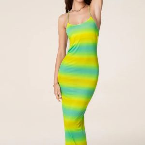 VESTITO LUNGO FUORIACQUA DONNA EFFEK VERDE E GIALLO