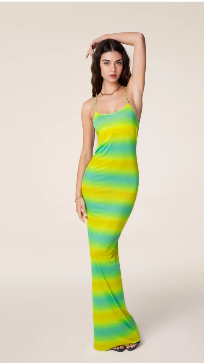 VESTITO LUNGO FUORIACQUA DONNA EFFEK VERDE E GIALLO