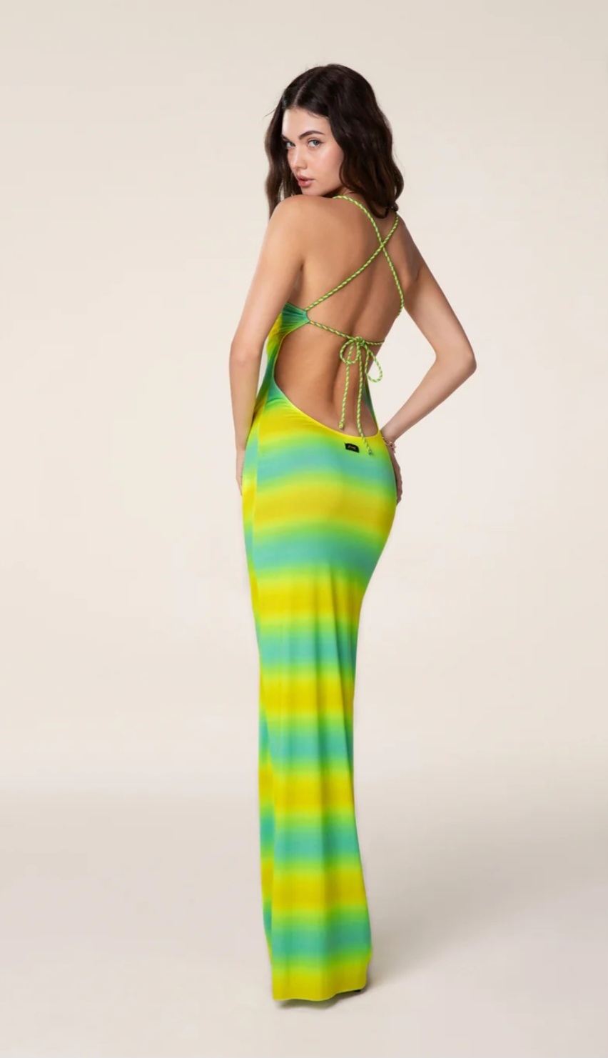 VESTITO LUNGO FUORIACQUA DONNA EFFEK VERDE E GIALLO - immagine 3