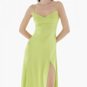 ABITO DONNA MATINEE VERDE ACIDO CON DOPPIO SPACCO SUL DAVANTI