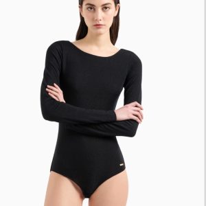 EMPORIO ARMANI MAGLIA A BODY CON MANICHE LUNGHE E SCOLLO SULLA SCHIENA NERO CON LUREX