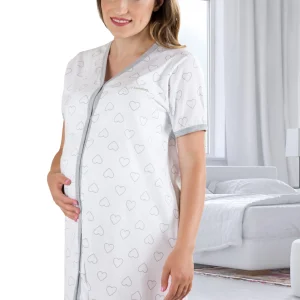 Camicia da notte clinica mezza manica aperta avanti con stampa a cuori Mamina – Z9282