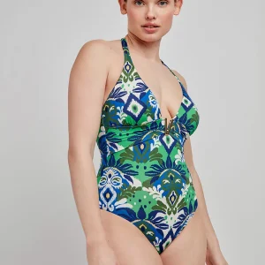 COSTUME DONNA INTERO GISELA A TRIANGOLO CON DETTAGLIO TRA LE COPPE FANTASIA VERDE E BLU