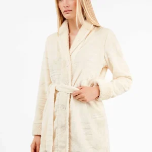 VESTAGLIA CASA DONNA GISELA IN TESSUTO FELPATO COLOR PANNA CON DISEGNI IN RILIEVO, BOTTONI E CINTURA