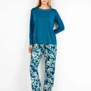 PIGIAMA DONNA GISELA MAGLIA COLOR PETROLIO E PANTALONE STAMPATO